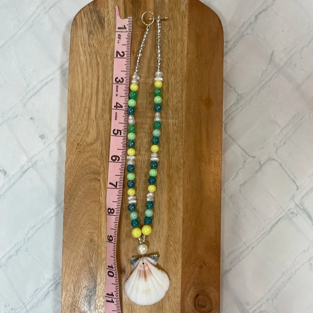 Seashell beaded pearl beach necklace nantucket yellow blue surfer‎ girl toggle